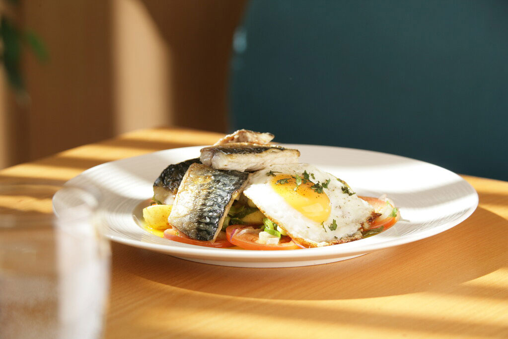 Mackerel with Bombay Potatoes and Fried Egg